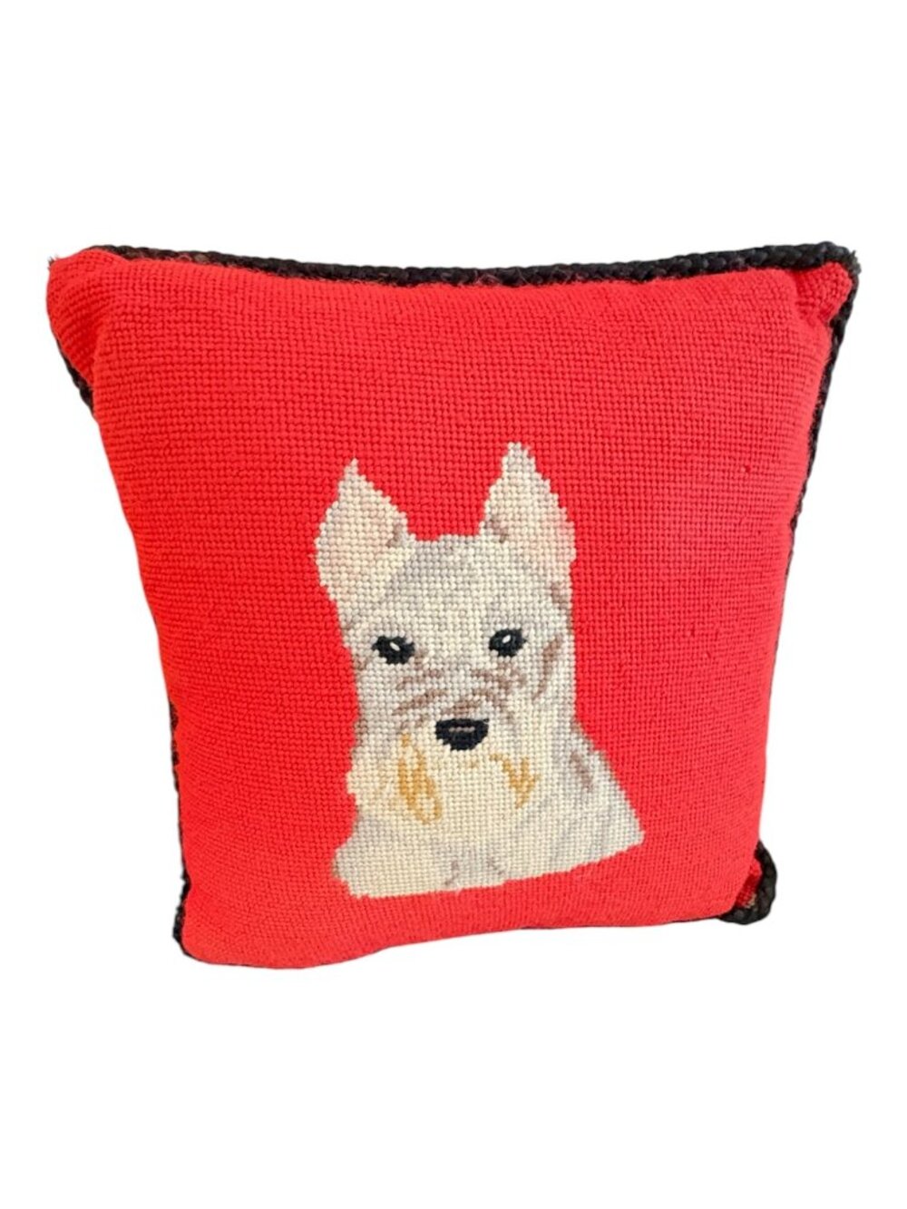 Vtg Wool Needlepoint Dog Pillow Red Westie Schnauzer Terrier Cushion 13 x 13